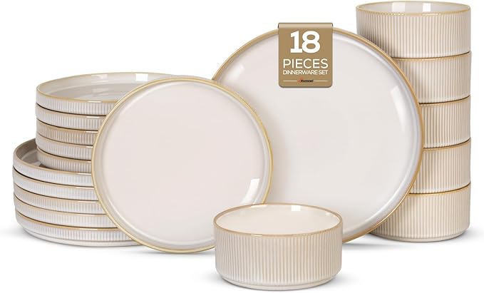 Romswi Stoneware 18Pcs Dinnerware Sets Ceramic Plates and Bowls Set for 6 Chip &amp Scratch Resistant Ribbed Dish Set Handmade Reactive Glaze Oven Microwave &amp Dishwasher Safe Cappuccino Whi