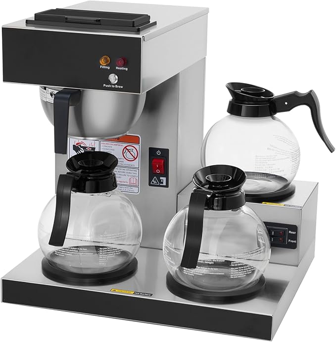 SYBO 12-Cup Commercial Coffee Maker Pour Over Drip Coffee Maker Brewer with 3 Lower Warmers and 3 Glass Decanters Stainless Steel Cafetera