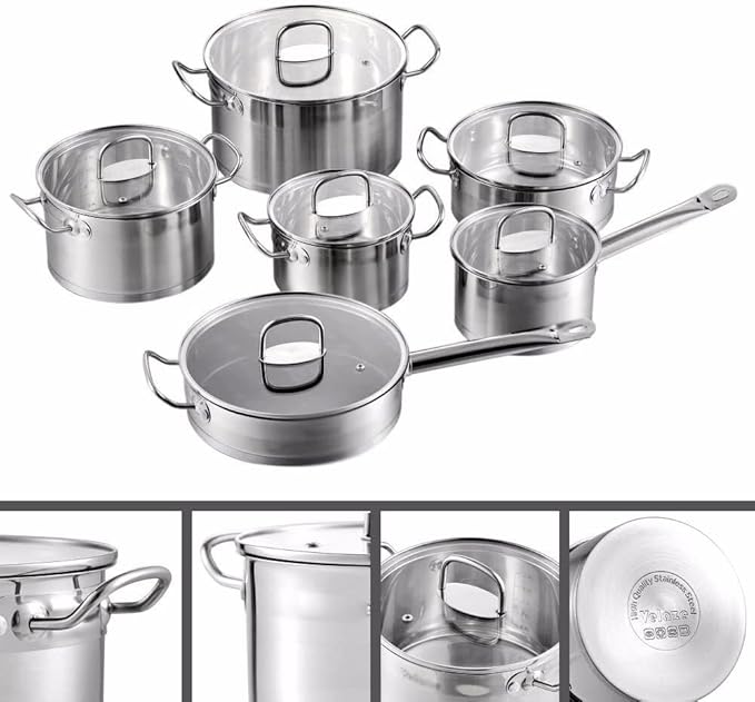 12-Piece Stainless Steel Cookware Set Induction Compatible Saucepans Frying Pan &amp Casserole with Tempered Glass Lids Aluminum Encapsulated Base