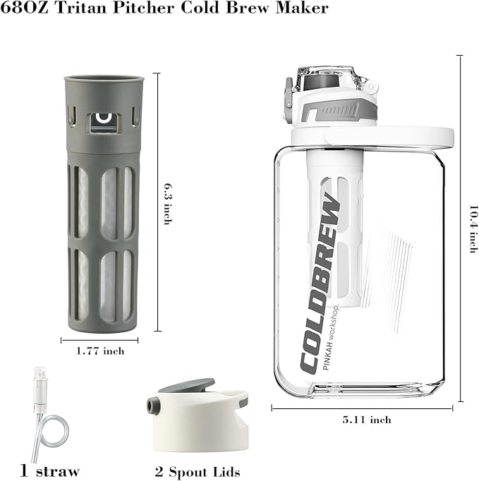 Cold Brew Coffee Maker 68oz Iced Coffee Tritan Pitcher with Filter 2 Pour Spout Lids For Airtight &amp Leak-Proof Coffee Barrel(Black)