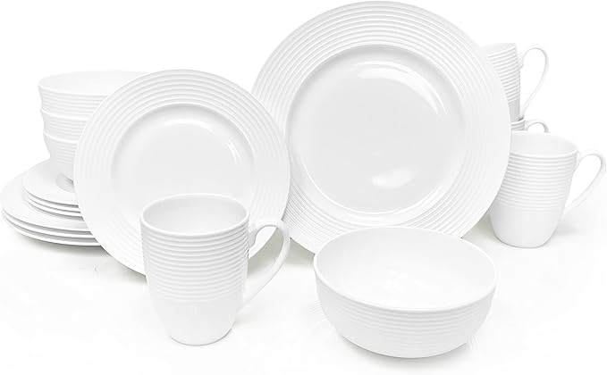 Bone China 16 Piece Dinnerware Dish Set Service for 4 White Embossed Circle Microwave Safe Translucent Elegant giftware Essential Home Formal and Everyday Living Kitchen Dishes Dinner Set