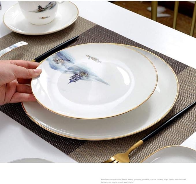 Pottery Tableware8 Pieces Landscape Painting Porcelain Dinnerware Set Ceramic Plate Combination Sets Dinner Plate Dessert Plate Bowl and Mug