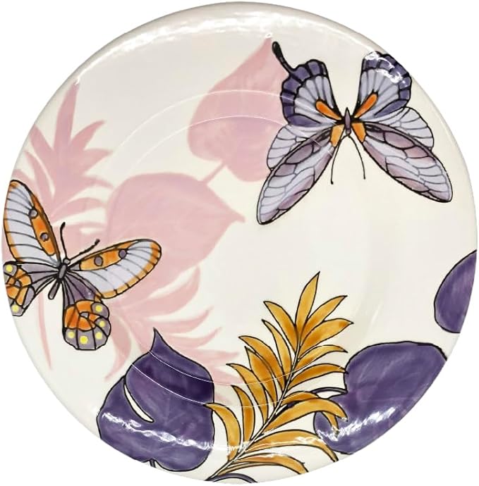 ARTESA ORGANICS BRIGHT NATURE LILA Ceramic Dinnerware Set Lilac Butterfly Pattern with Tropical Leaves Handmade &amp Hand-Painted 4-Piece Collection Microwave Safe