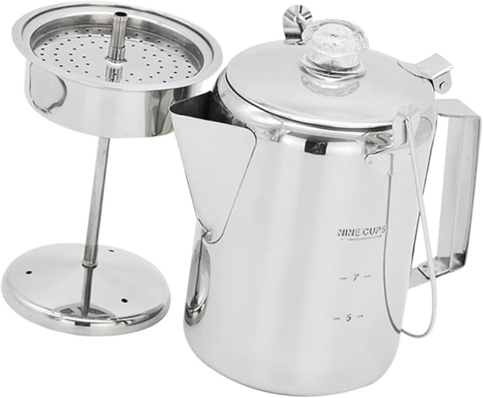 9 Cup Stainless Steel Percolator Large Capacity Coffee Pots Hinged Lid Coffee Maker for Camping and Home Kitchens Use