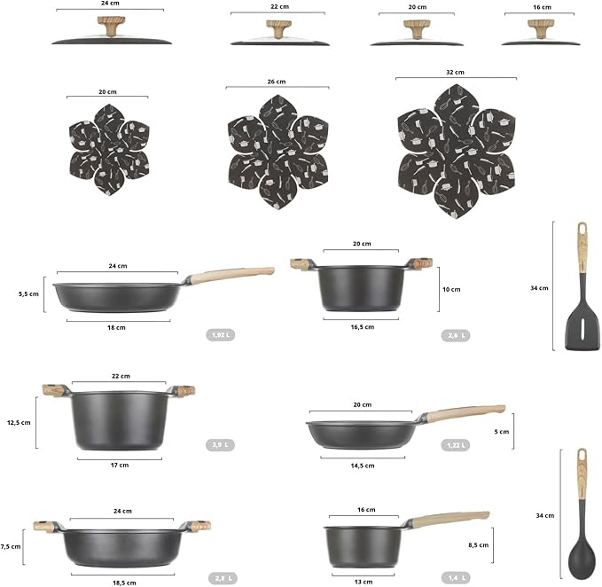 Evolution Non-stick Pan Set for Induction - Pans for Induction and All Types of Cooktops. (15 Pieces)