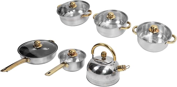 Premium Stainless Steel Cookware Set Rustproof and Stick Proof Safe for Home Kitchen and Restaurant Use (Gold Handle with Kettle)