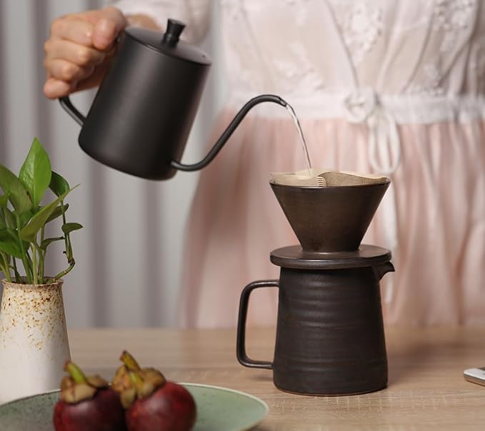 Stoneware Handmade Pour Over Coffee Maker Set Ceramic Coffee Brewer Hand Drip Cone Dripper &amp Coffee Pot Microwaveable Decanter Retro Metallic Glaze 16oz