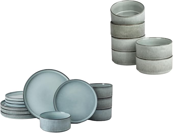 Famiware Dinnerware Set for 4 (12 Piece) and 5.5 Soup Bowl Set (6 Pieces) - Smoky Blue