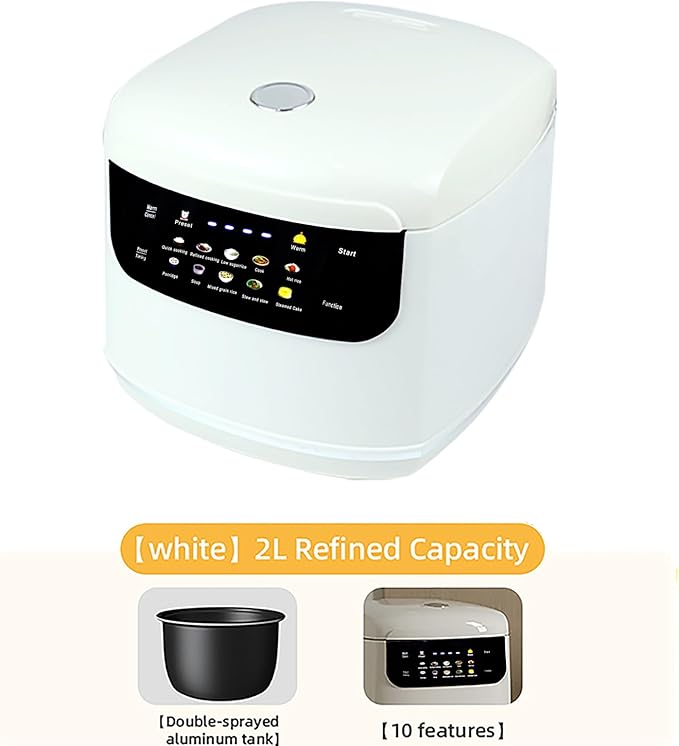 2L Mini Protable Rice Cooker6 Cups Cooked/3 Cups Uncooked400W Non-Stick Rice Maker24 hours Timer Delay10 FunctionsFast CookerWhite