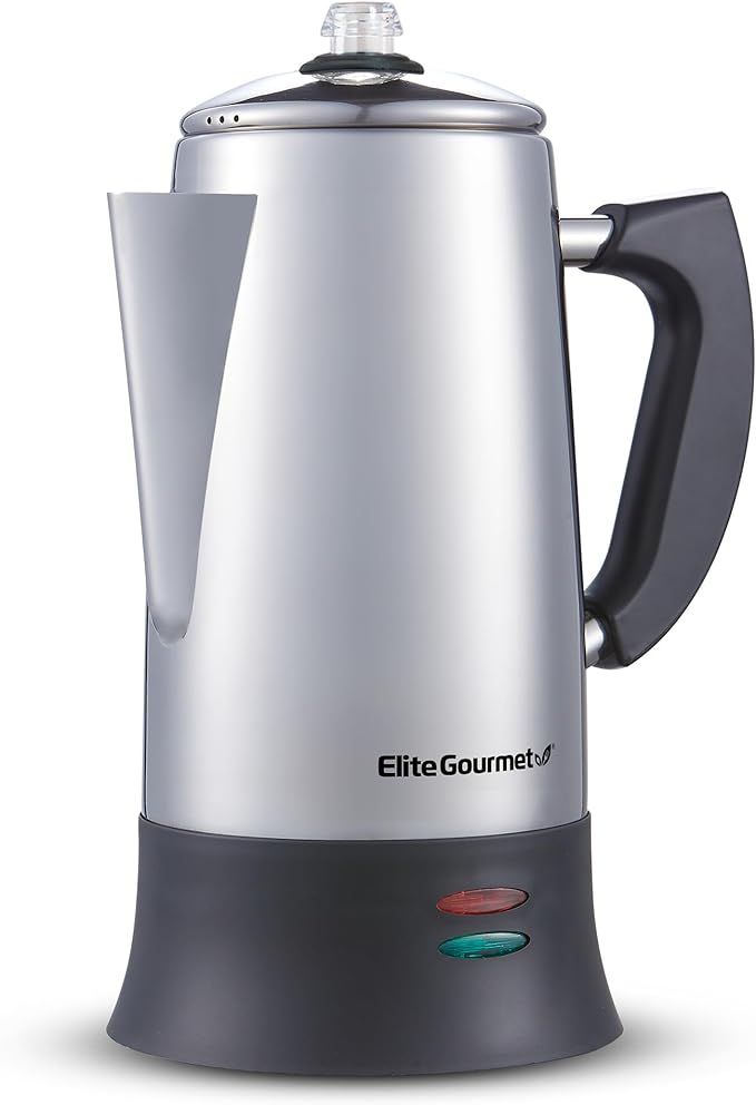 Elite Gourmet EC924 Electric Coffee Percolator BPA Free Keep Warm Clear Brew Progress Knob Cool-Touch Handle Cordless Serve 12-Cup Stainless Steel