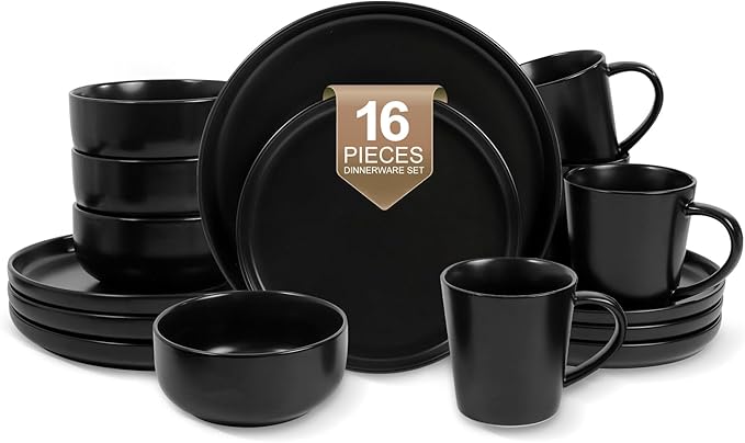 EWFEN 16-Piece Ceramic Dinnerware Sets with Mugs for 4 Black Plates and Bowls Set with Classic Design Scratch Resistant Dishes Set Dishwasher &amp Microwave Safe