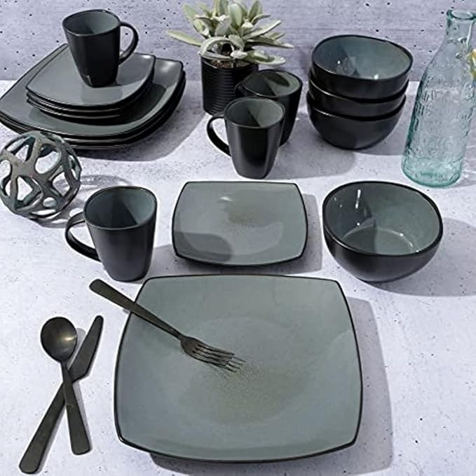 16 Piece Square Two-Tone Stoneware Dinnerware Set For 4 | Reactive Glaze FinishDishwasher &amp Microwave Safe Expertly Crafted | Perfect for Kitchen Dining Light Grey/Black Shade Modern Appearance