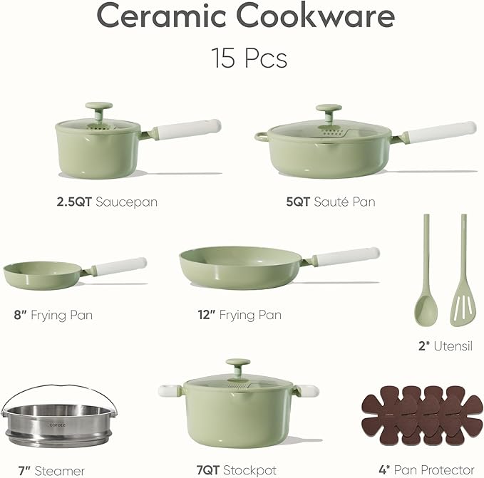CAROTE Pots and Pans Set Non stick 15pcs Ceramic Cookware Set Nonstick Non Toxic CookwareDishwasherRV/Camping Cookware SetGreen