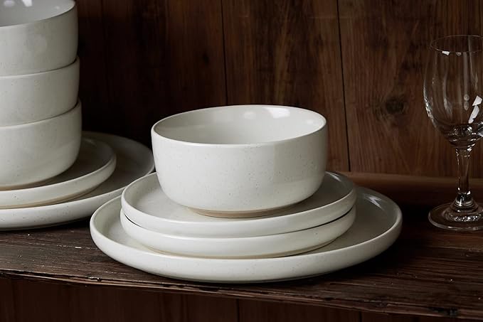 Famiware Milkyway Plates and Bowls Set 12 Pieces Dinnerware Sets and 4 Pieces Pasta Bowls Sturdy &amp Stackable Stoneware Dishes Set for 4 White