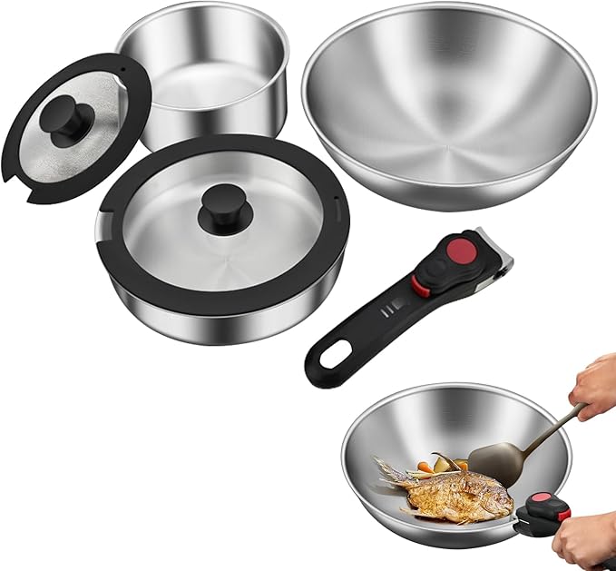 Stainless Steel Cookware Set 6pcs Wok Pots and Pans Set Non Stick with Detachable Handle Induction Cookware Set Kitchen Cooking Sets RV/Camping Cookware Dishwasher &amp Oven Safe6pcs