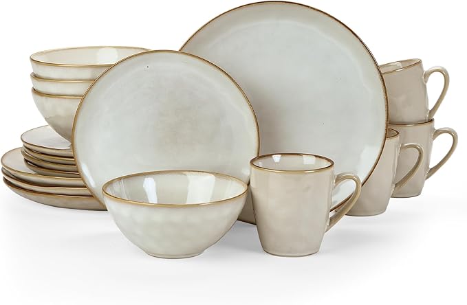 Famiware Ocean Round Plates and Bowls Sets for Kitchen 16-Piece Dinnerware Sets for 4 Mug Set for 4 Reactive Glaze Cappuccino White