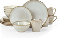 Famiware Ocean Round Plates and Bowls Sets for Kitchen 16-Piece Dinnerware Sets for 4 Mug Set for 4 Reactive Glaze Cappuccino White