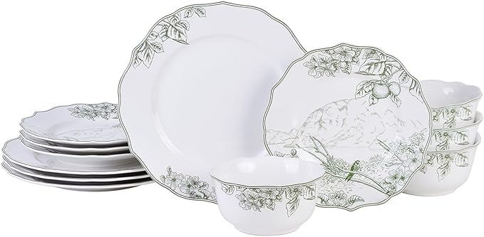 222 Fifth 12-Piece Porcelain Dinnerware Set for 4 Elegant Floral Plates and Bowls Sets-White/Green Ceramic Dishes Chip Resistant Kitchen &amp Dining Dish Set Microwave &amp Dishwasher Safe Hudso