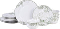 222 Fifth 12-Piece Porcelain Dinnerware Set for 4 Elegant Floral Plates and Bowls Sets-White/Green Ceramic Dishes Chip Resistant Kitchen &amp Dining Dish Set Microwave &amp Dishwasher Safe Hudso