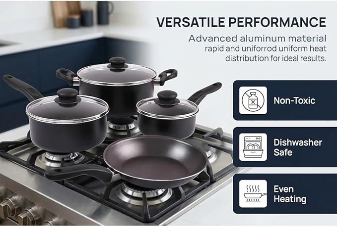 7-piece Non-stick Cooking Set with Covered Aluminum Cookware Complete Set of Pots Pans and Bowls Non-toxic and Healthy Safe for The Oven Heated By Induction Stove Black Set