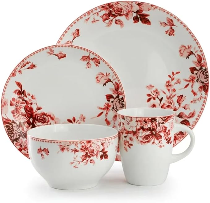 Traditional Red Rose 16 Piece Stoneware Dinnerware Set (Red)