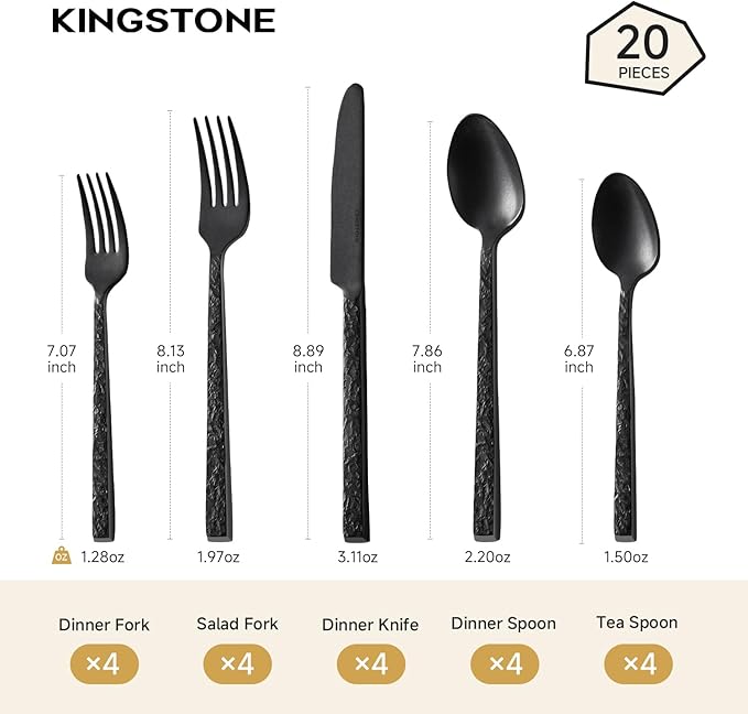 KINGSTONE 20 Pcs Black Hammered Silverware Set for 4 18/10 Stainless Steel Heavy Duty Flatware Set Tableware Cutlery Utensil Sets for Home Restaurant Dishwasher Safe