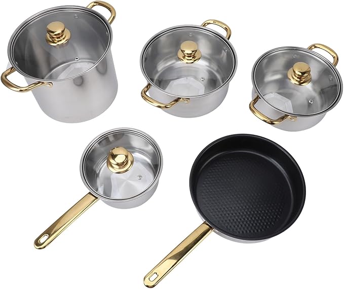 Dioche 5PCS Stainless Steel Cookware Set with Glass Lids Nonstick Pots and Pans for Kitchen Even Heat Distribution and Dishwasher Safe
