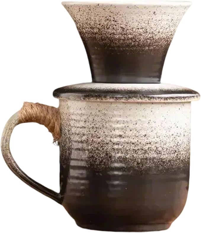 Pour Over Coffee Maker Vintage Ceramic Coffee Maker Set for Home Café Restaurant Camping Large Coffee Mug(Black)