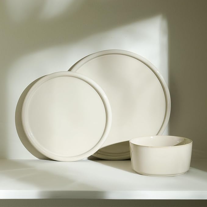 Stone Lain Eden 12-Piece Dinnerware Set Stoneware Plates and Bowls Set Dishwasher and Microwave Safe Dish Dish Set for 4 Beige