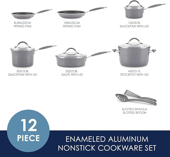 Rachael Ray - 16802 Rachael Ray Cucina Nonstick Cookware Pots and Pans Set 12 Piece Sea Salt Gray