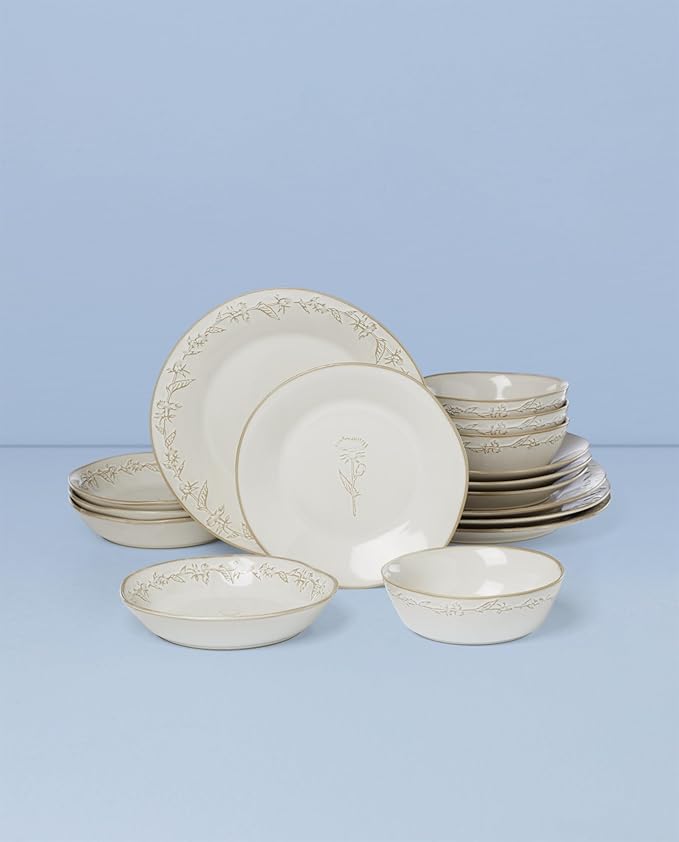 Lenox Dinnerware Set Homespun 16-Piece Set Service For 4 Stoneware Material Dishwasher &amp Microwave Safe Home And Kitchen Dishes Kitchen And Dining Plates And Bowls Sets (White 16 Pieces)
