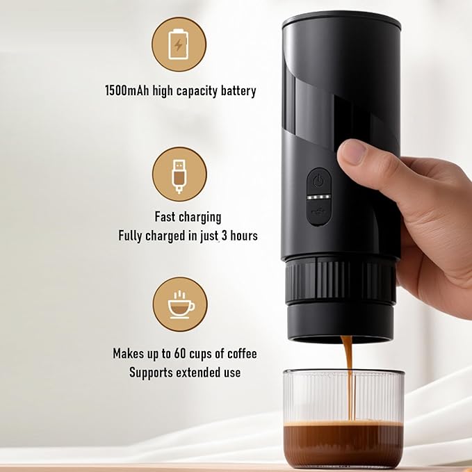 Portable Coffee Maker 304 Stainless Steel Handheld Capsule Coffee Machine with USB Rechargeable Battery for Outdoor Camping Car Travel Gym