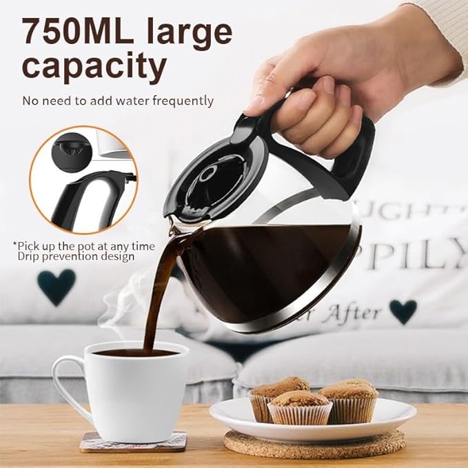 6-Cup Coffee Maker with Easy On/Off Switch Easy Pour Non-Drip Carafe with Removable Filter Basket 650W 750ML Household Small Electric Drip Coffee Machine for Home &amp Office Black