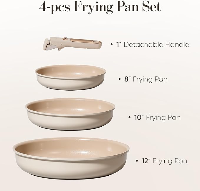CAROTE 4pcs Ceramic Frying Pans Titanium Non Stick 8+10+12” Frying Pan Egg Pan Omelet Pans with Detachable Handle Nonstick Cookware PFOA Free Induction Compatible &amp Oven Safe Dishwasher Saf