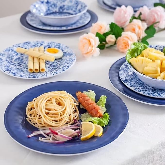 Melamine Dinnerware Set 12 Piece Service for 4 Blue and White Porcelain Tableware Dishes for Indoor and Outdoor Use Unbreakable Plates and Bowls Sets Dishwasher Safe BPA Free