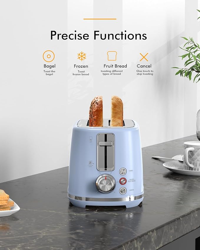 2 Slice Toaster with 1.5 Extra Wide Slots &amp Removable Crumb Tray 6 Browning Options Auto Shut Off &amp Frozen Function Toast Fruit Bread Bagel &amp Waffle Blue