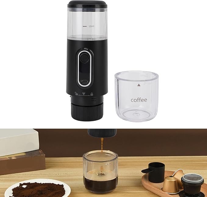 Portable Electric Espresso Machine Rechargeable Travel Coffee Maker Handheld Car Coffee Maker for Camping Hiking Office Powder and Capsules Compartment (Black)