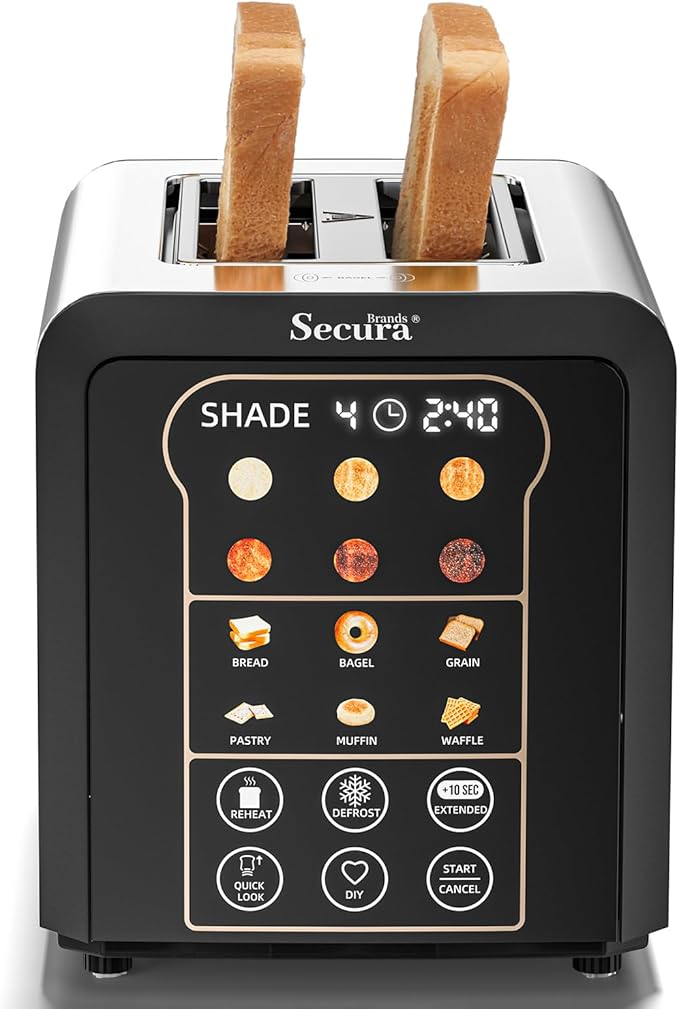 2 Slice Automatic Toaster Touch Screen Smart Toaster with Digital Timer 6 Bread Types 6 Browning Levels Reheat/Defrost +10s Extend Custom Memory Settings for Home RV Office