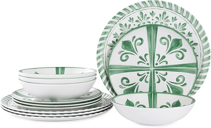Melamine Dinnerware Sets Dinnerware Sets for 4 12Pcs Plates and Bowls Sets Green Floral Embossed Design Dish Set for Indoor and Outdoor Use