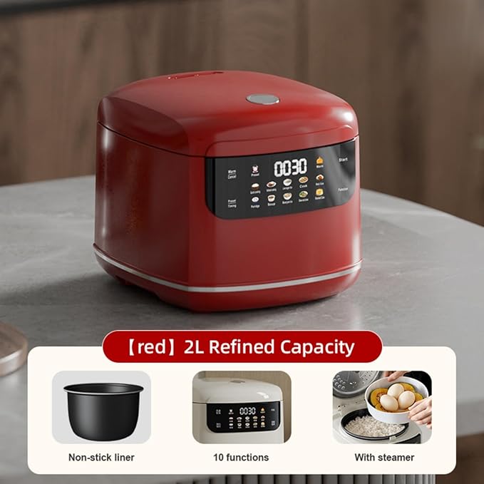 2L Portable Small Travel Rice Cooker Multifunction Electric Cooker Stewpot with 24 Hours Reservation &amp Keep Warm Function Nonstick Pot For Rice Porridge Soup - For Dorms Home (Red)