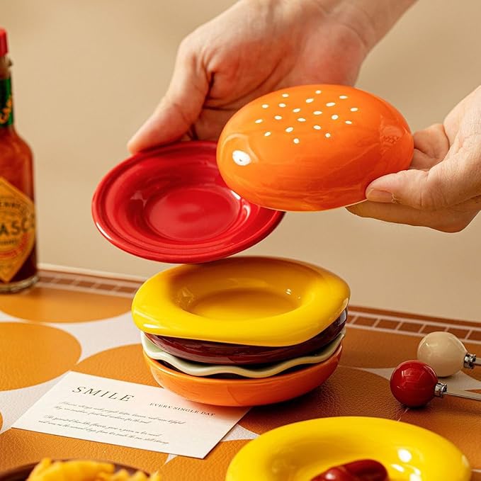 Hamburger Plate Set Ceramic Hamburger Plates And Bowls Sets 5-Piece Novelty Stackable Burger Dinnerware Set Cute Hamburg Style Dessert Plates Dishwasher Safety (Small-3.74 * 3.74 * 3.62 in)