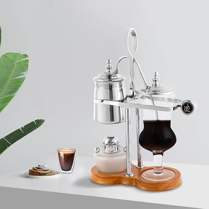 Belgium Balance Syphon Coffee Maker Vintage Belgian Siphon Brewer with Cup&ampCoffee Spoon Disassemble Luxury Coffee Pot Set for Restaurant Home Kitchen Office-Silver