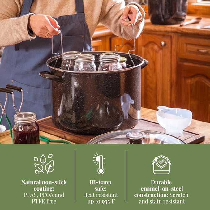 Granite Ware 21.5 Qt Heavy Gauge - 9 Piece water bath canning pot (Speckled Black) with canning toolset rack and preserving kettle.