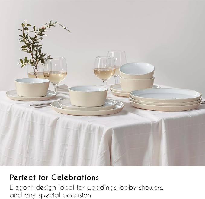 Stoneware Dinnerware Set for 4(12Pcs) – Microwave &amp Dishwasher Safe Plates and Bowls with Reactive Glaze – Rustic Farmhouse Modern Design for Everyday Dining Wedding &amp Outdoor - Light Beige