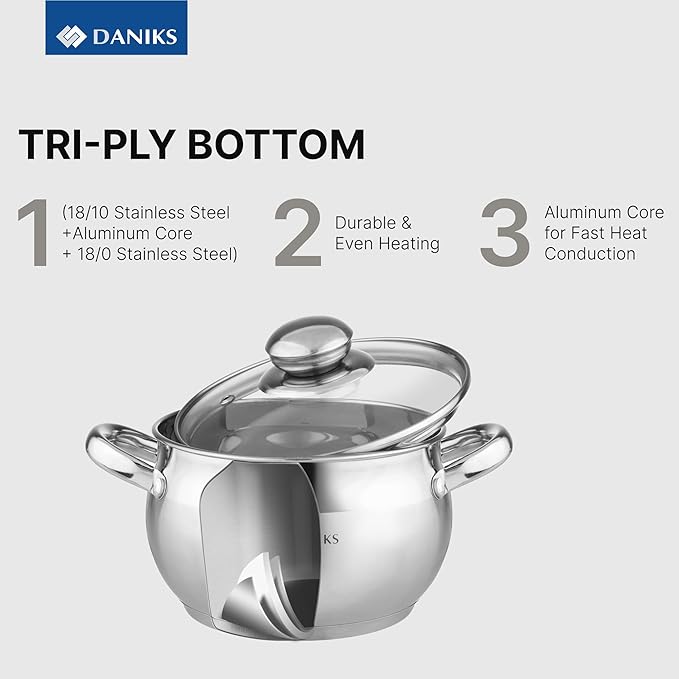 Daniks Classic 12-Piece Stainless Steel Cookware Set with Glass Lids Includes Saucepan and Frying Pan with Lid Tri-Ply Bases for Even Heating Induction Compatible Dishwasher Safe