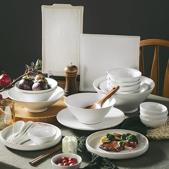 Dinnerware Sets for 6 People Japanese Retro Stoneware Simple Dishware Sets Handmade Plate and Bowl Sets 36 Pieces of White Black Spot Porcelain Dinnerware Set