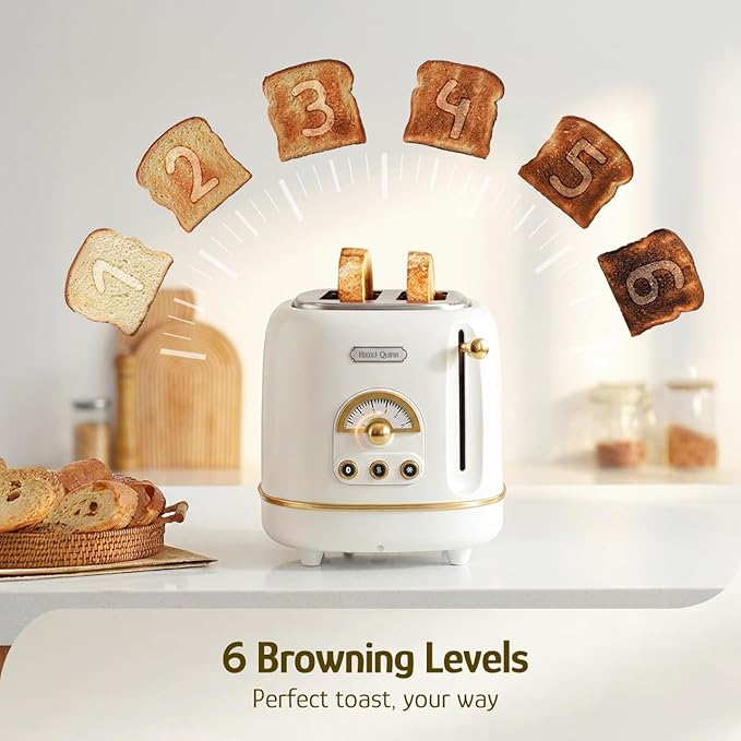 Hazel Quinn 2-Slice Retro Toaster 6 Browning Levels 3 Functions-Defrost/Reheat/Cancel Removable Crumb Tray for Easy to Clean 1.5 Inches Extra Wide Slots - Pearl White