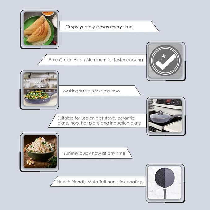 Wonderchef Granite Nonstick 4 Piece Cookware Set(Frying Pan with Lid Wok Dosa Tawa) Induction Bottom Soft-Touch Handles Pure Grade Aluminium PFOA 3.5mm 2 Years Standard Grey