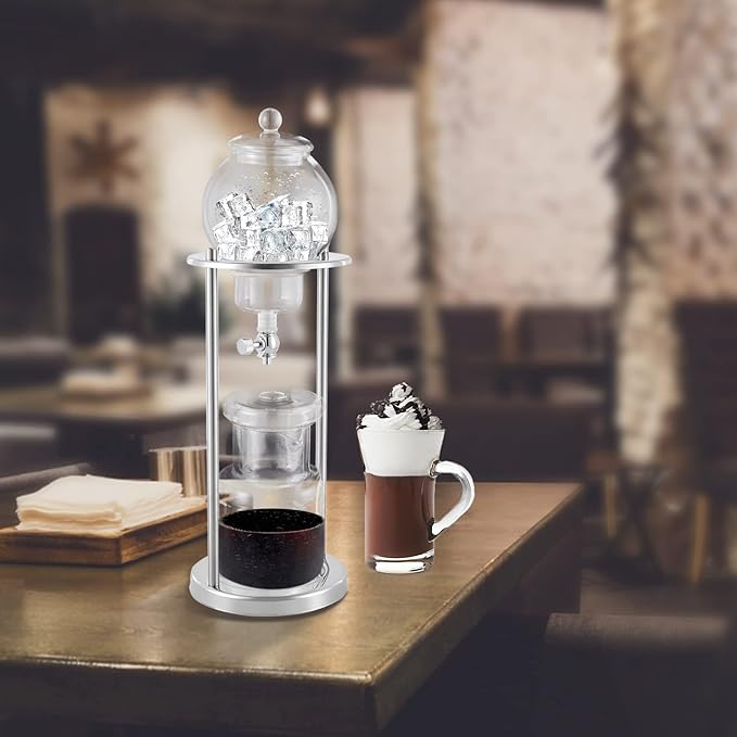DNYSYSJ Iced Drip Coffee MakerCold Brew Drip Tower Iced Coffee Maker in Stainless Steel and Borosilicate Glass (Silver 600ml)