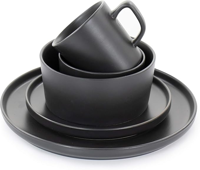 Luxmatte 20-Piece Stoneware Dinnerware Set – Modern Matte Finish Dish Set for 4 Microwave &amp Dishwasher Safe – Includes Dinner Plates Salad Plates Bowls and Mugs in Four Colors (Black)
